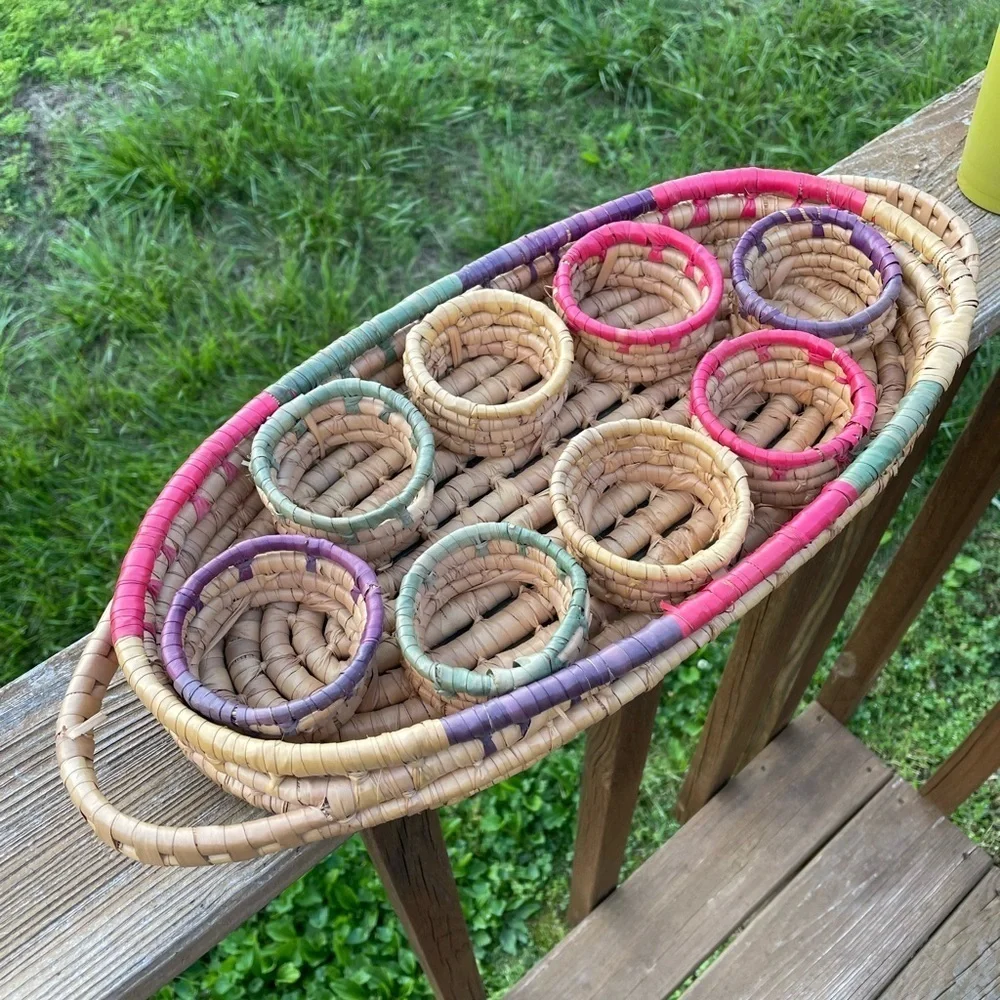Wicker Woven Rattan Drink Caddy Holders Boho Barware Handles Colorful